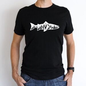 Fisherman Mountains Camping Hiking Outdoors Soft Graphic Tee Shirt